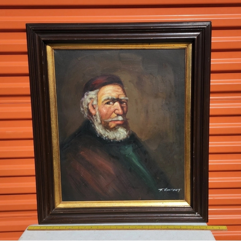 Vintage Oil On Canvas Painting Framed Artist Signed T. Vincent Male Portrait